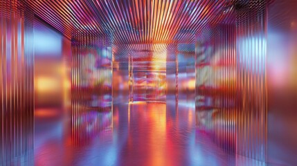 Optical pattern interference creates vertical linear light diffraction through layered transparent panels with rainbow spectrum colors in architectural corridor perspective