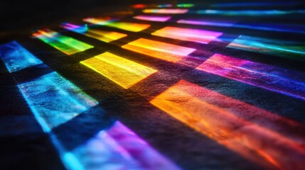 Diffraction order spectra laser interference patterns colorful light dispersion rectangular geometric shapes dark surface optical physics wavelength separation rainbow spectrum