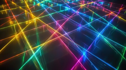 Diffraction laser bands creating vibrant interference patterns with rainbow spectrum light beams intersecting in complex geometric formations on dark background