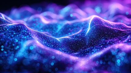 Laser speckle correlation wave formation with luminous particles in electric blue violet magenta wavelengths showcasing flowing interference patterns bokeh effects