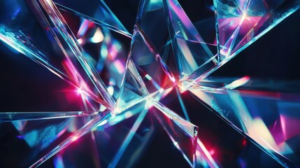 Laser coherence length demonstration through prismatic glass refractions creating vibrant cyan magenta interference patterns with sharp angular light beams intersecting