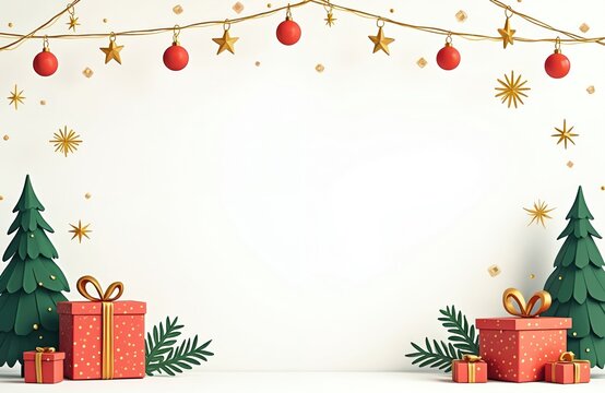 Minimalist Christmas border with red gifts green trees gold stars. Festive holiday background with copy space for text. Celebration season winter greeting card art.