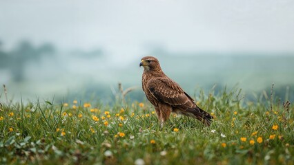 A bird of prey standing in a grassy field with yellow flowers, against a blurred green landscape background.