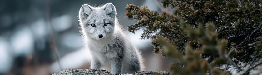 Naklejka premium Young white fox sits alertly among dark evergreen branches in a cold, natural setting