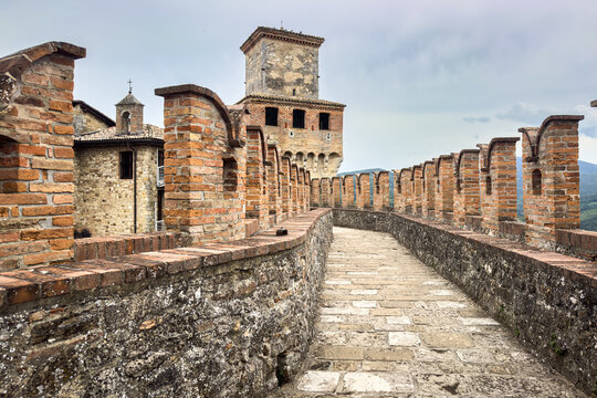Scenic wall and tower of Viogoleno Castle, a picturesque medieval castle located in Piacenza province, Emilia-Romagna, Italy
