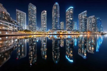 Fototapeta premium Modern Cityscape at Night with Reflections in Water