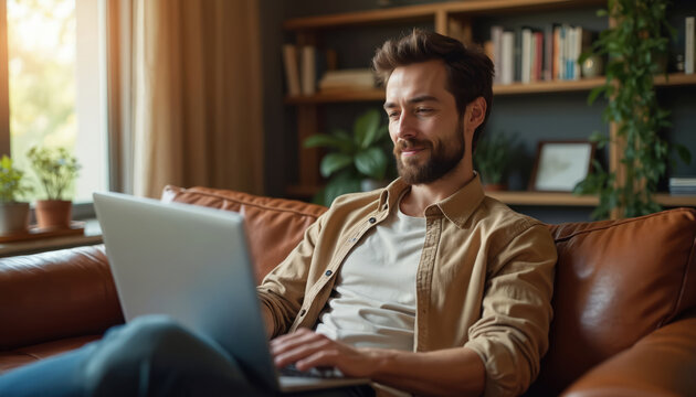 Bearded man types on laptop while sitting on brown leather sofa. Casual attire, relaxed posture, indoors, natural light from window. Bookshelf with plants in background.