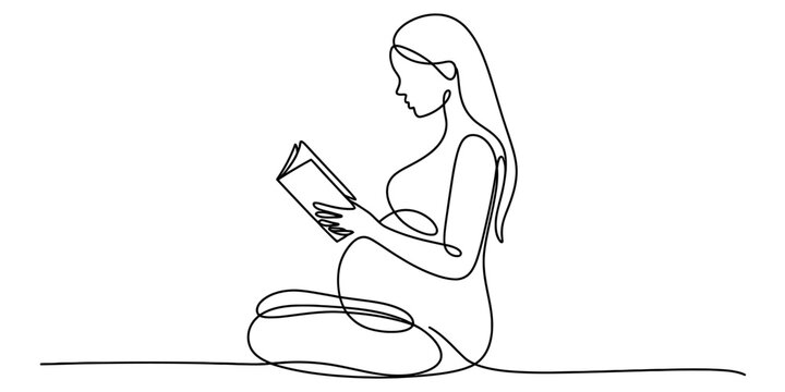 Continuous line drawing of a pregnant woman sitting and reading a book, focusing on prenatal education, calm relaxation and modern minimal art Vector