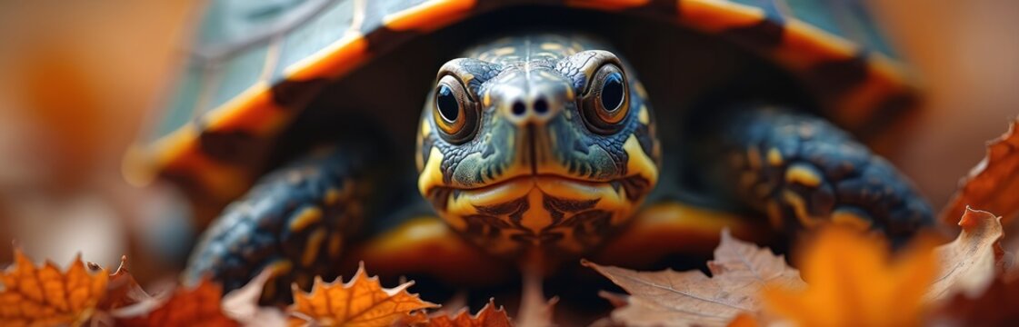 Close up turtle looks from shell. Reptile in forest surrounded by leaves. Turtle hides, peeking, carefully explores terrain. Box turtle portrait in nature. Concept of longevity, calmness and wildlife.
