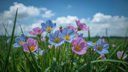 Fototapeta premium Colorful flowers in a field with blue sky and clouds, showcasing natural beauty and springtime.