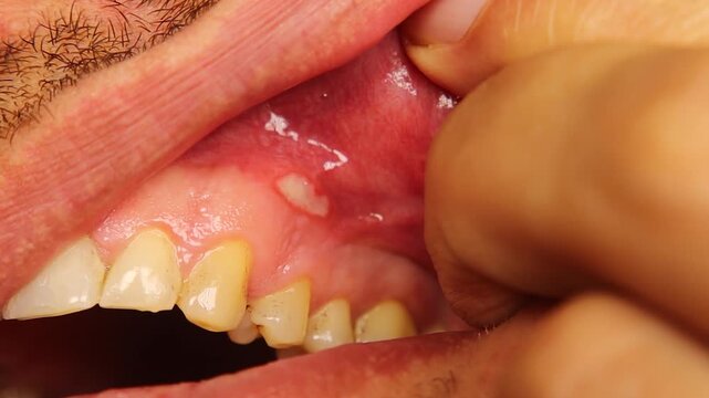 Close-up painful gum ulcer shows a white irritated center and a surrounding red inflamed area on the inner gum. Ideal for dental medicine, oral care education, symptom and healthcare awareness conten