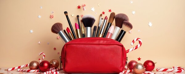 Red makeup bag filled with brushes lipsticks and glosses. Festive Christmas decor candy canes stars baubles create holiday mood. Beauty accessories for winter season celebrations party.