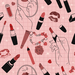 Seamless pattern with decorative cosmetics. Makeup and beauty. Lipsticks of various shapes and colors, gloss with a pendant, lip liner, hands with a mirror, lip prints. Vector illustration.