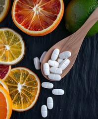 White vitamin pills on wooden spoon surrounded by fresh salmon and healthy food