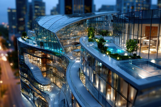 Modern glass skyscraper with rooftop pool at dusk