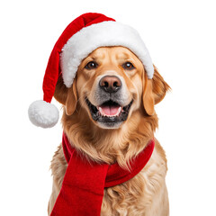 Golden Retriever Wearing a Christmas Hat and Scarf, Ready for Holiday Celebrations