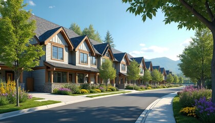 Suburban street lined with townhouses featuring modern rustic architecture. Green trees and colorful flowers adorn yards. Mountainous landscape visible in distance. Sunny day.