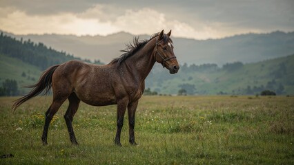 A horse standing in a grassy field with mountains in the background.