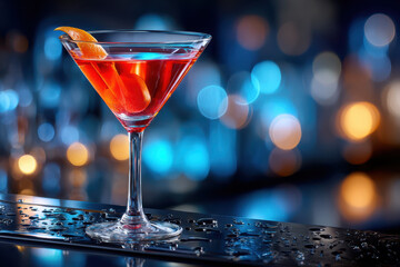 Red cocktail in martini glass with orange peel on bar