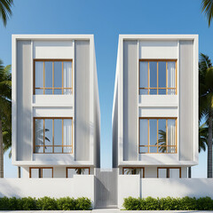 Fototapeta premium Modern minimalist residential architecture with clean geometric facade, large glass windows, and contemporary luxury design under clear sky