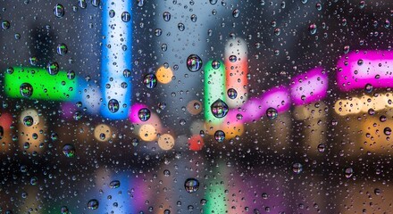 Rainy city night lights drops on glass bokeh background