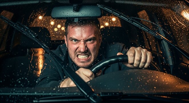 An angry man driving a car in the rain at night, gripping the steering wheel tightly with a furious expression.
