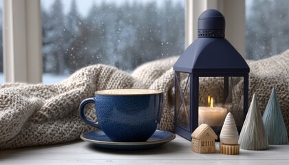 Hot beverage rests near a glowing lantern beside a cozy window overlooking a snowy landscape