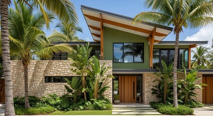 Modern house exterior with a unique roof design, stone wall, lush tropical plants, and palm trees.