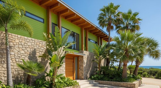 Modern green house with stone base, wooden accents, and tropical plants, including palm trees, under a clear blue sky.