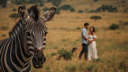 Obraz premium A close-up of a zebra's face in the foreground with a couple standing and embracing in a grassland landscape in the background.