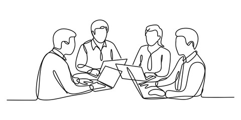 Continuous line drawing of four business people collaborating on laptops around a table, depicting teamwork, communication, and modern office work. Vector