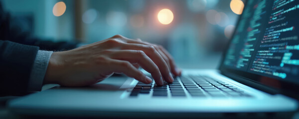 Close view of hands typing code on a laptop computer. The programmer works at night with blurred city lights in background. Digital data streams on screen.