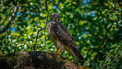 A bird of prey perched on a tree branch in a lush green forest setting.
