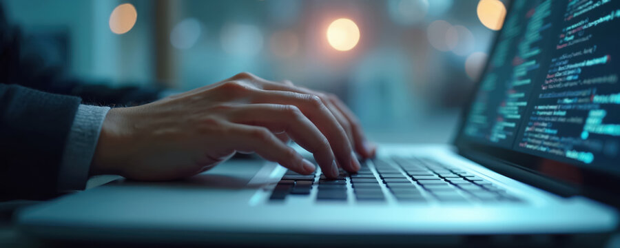 Close view of hands typing code on a laptop computer. The programmer works at night with blurred city lights in background. Digital data streams on screen. - Powered by Adobe