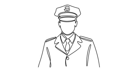 Continuous line art drawing of a male police officer in uniform with cap and badge, symbolizing law enforcement, security, and public safety on a clean ground Vector
