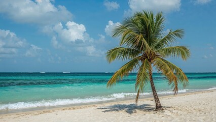 Obraz premium Tropical beach scene with palm trees, turquoise water, and blue sky with clouds. A peaceful seaside landscape.