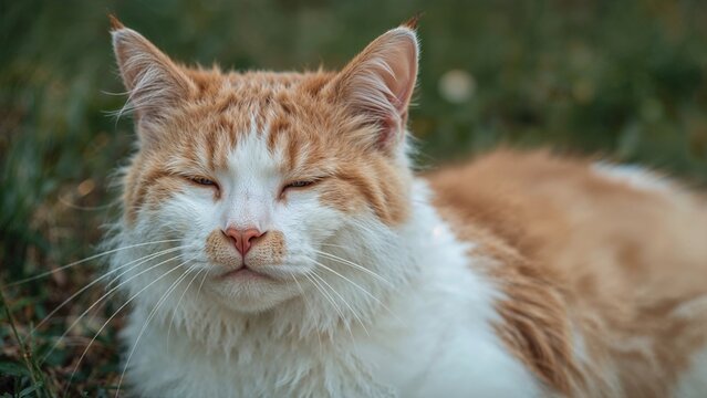 A close-up of a relaxed orange and white cat with closed eyes outdoors, surrounded by green grass and natural foliage.