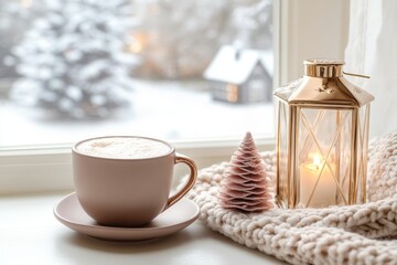 Warm beverage and glowing lantern sit beside a small decorative tree on a windowsill overlooking a snowy landscape