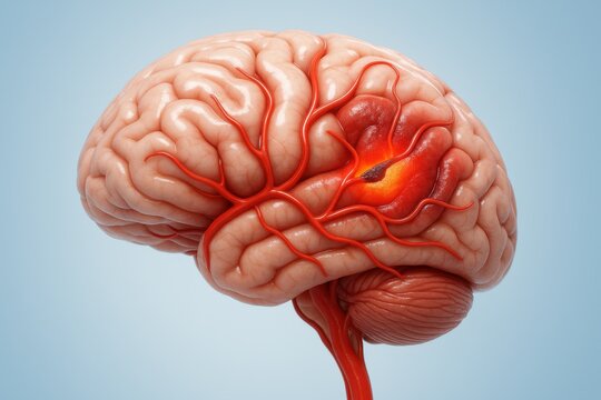 Detailed 3D anatomical illustration of a hemorrhagic stroke showing a ruptured aneurysm and bleeding on the surface of the human brain.