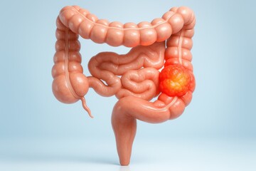 3D medical illustration of the human large intestine with a highlighted tumor, ideal for colorectal cancer education and healthcare materials.
