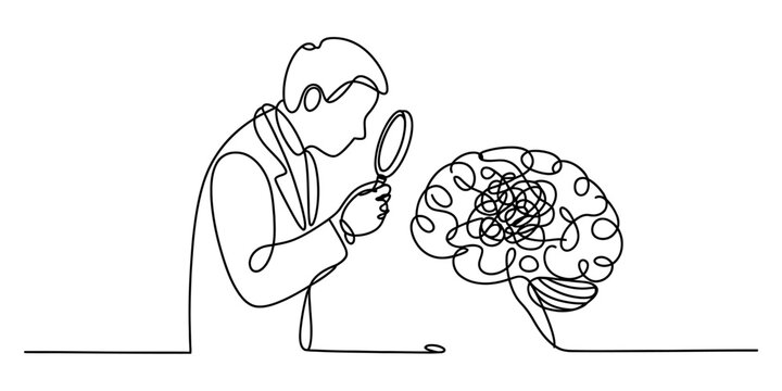 Continuous line drawing of a person using a magnifying glass to examine a complex and tangled human brain, symbolizing deep thought and mental health analysis. Vector