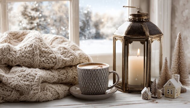 Warm beverage and cozy textiles sit beside a glowing lantern on a windowsill overlooking a snowy landscape
