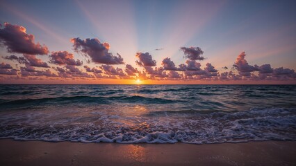 Sunset over the ocean with clouds and waves, capturing a serene beach scene during dusk.
