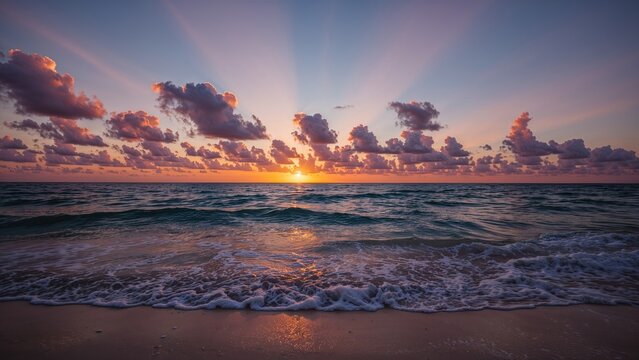 Sunset over the ocean with clouds and waves, capturing a serene beach scene during dusk.