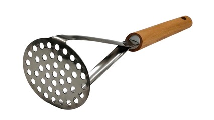 Photo of a stainless steel potato masher with wooden handle, ideal for effortless mashing of potatoes, vegetables, and fruits, isolated on white background.