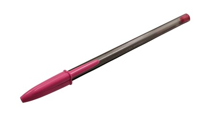 Photo of a ballpoint pen with pink cap and tip, isolated on white background.