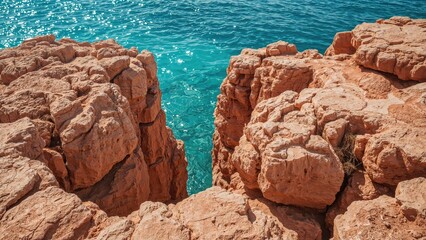 Cliffs and rocks overlooking the turquoise water below.