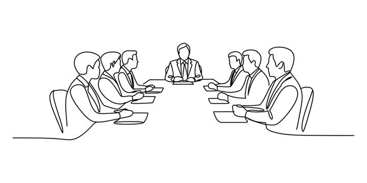 Business meeting with a team of professionals discussing strategies around a conference table, depicted in a minimalist continuous line art style Vector