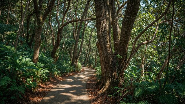 A forest trail surrounded by trees and lush greenery.