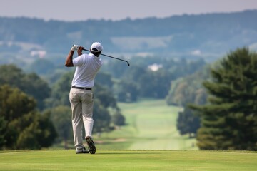 Obraz premium Professional Golfer Hitting a Drive on a Beautiful Sunny Golf Course